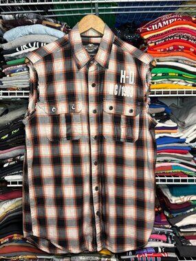 Harley Davidson embroidered black & orange plaid cutoff sleeve button up shirt